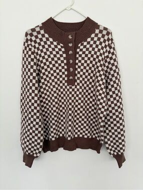 Checkerboard Henley Knit Sweater - Brown & Cream